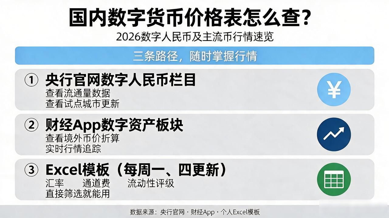 国内数字货币价格表怎么查？2026数字人民币及主流币行情速览